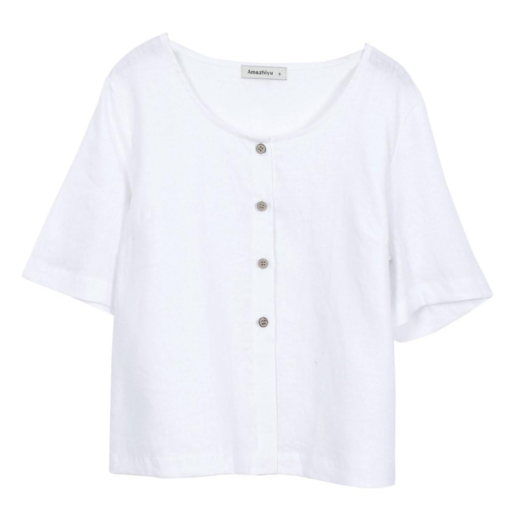 Amazhiyu Camicetta da donna a maniche corte in 100% lino, scollo quadrato, con bottoni