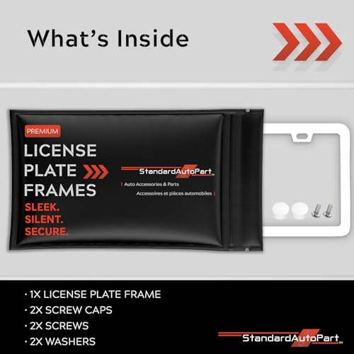 Image of Premium Slim Gloss White License Plate Frame - 1 Piece, Rust-Free Stainless Steel & Rattle-Free, Street Legal, Universal with Screw Caps, Thin Edged Metal Front or Rear Car Tag Holder Unisex