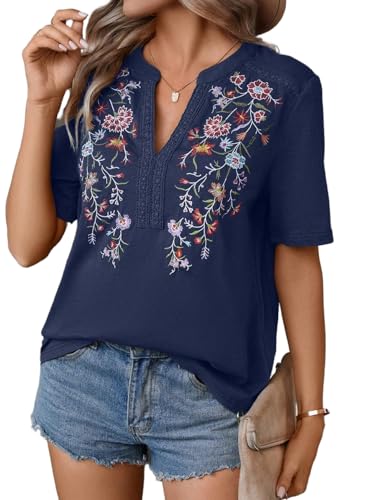Mexican Shirts for Women Embroidered Tops Traditional Summer Blouse Floral Tunic V Neck Short Sleeve T Shirt Dark Blue