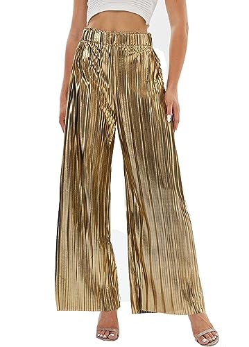 zsangbee Women's Metallic Sparkle Wide Leg Sequin Shiny Pants Party Club Casual Silver Gold Pants