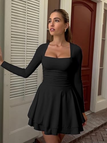 Kaximil Women's Square Neck Ruffle Hem Mini Dress Ruched Waist Long Sleeve Corset Short Party Dresses4