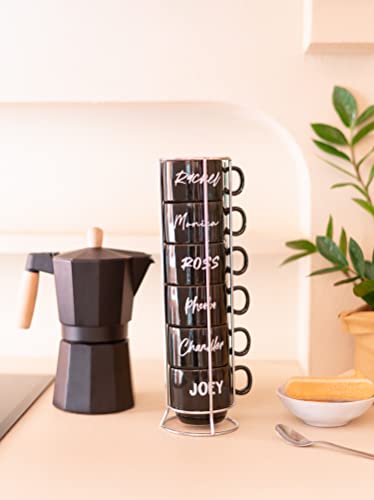Grupo Erik Set von Friends | 6 Kaffee Tassen mit einem Ständer | 6 Tassen mit den Namen der Hauptfiguren von dem berühmten Serie aus New York, Kafeetassen Set