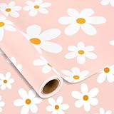 JarThenaAMCS Boho Daisy Wrapping Paper -Mini Roll- 17In x 32.8Ft Cute Pink White Flower Gift Wrap Paper Classic Craft Paper for Spring Summer Baby Shower Birthday Wedding DIY Craft Supplies