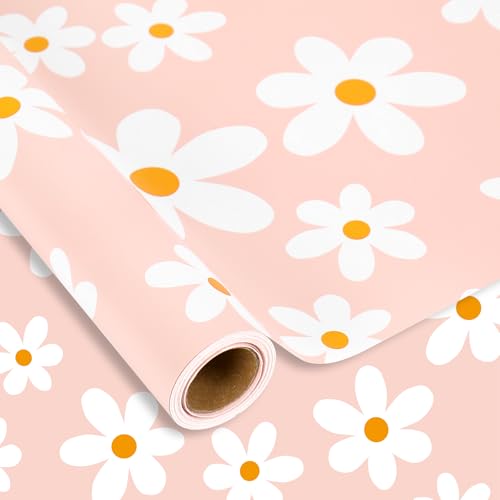 JarThenaAMCS Boho Daisy Wrapping Paper -Mini Roll- 17In x 32.8Ft Cute Pink White Flower Gift Wrap Paper Classic Craft Paper for Spring Summer Baby Shower Birthday Wedding DIY Craft Supplies