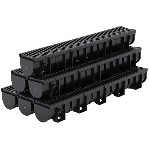 5-Pack 39.4" l Channel Drain System with Plastic Grate, Heavy-Duty HDPE Trench Drain for Driveway, Landscape, Patio, Pool, Yard & Roof Runoff | 5.9" w x 5.1" h | Weather-Resistant & Easy DIY Installat