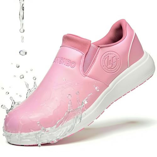 LANSNBO Non-Slip Waterproof Shoes for Women Slip-On Slip Resistant Oil Resistant Water Resistant Lightweight Sneakers for Kitchen Restaurant Work Chefs Food Service Nurses (Pink-39)