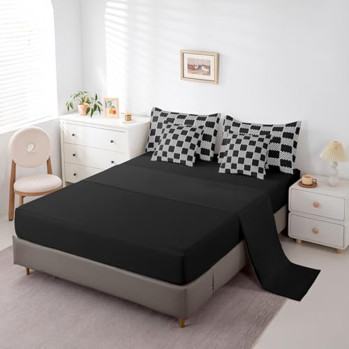Image of Erosebridal Geometric Checkered Full Bed in A Bag 7 Piece Black White Buffalo Plaid Comforter Set with Sheets Checkerboard Gingham Bedding Sets for Kids Boys Teen,Modern Fashion Grids Bed Set