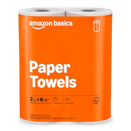Amazon Basics 2-Ply Flex-Sheets Paper Towels, 2 Basics Rolls = 6 Regular Rolls, Everyday Value with...