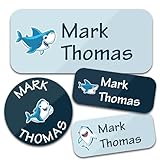 Bunny Badges Personalized Daycare Name Labels (130 Labels) - Custom Waterproof Name Stickers for Clothing Tags, Water Bottles, Lunch Boxes and School Supplies (Sharks)