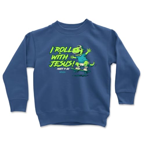 Kerusso Boy's Christian Crewneck Pullover Kid's Graphic Sweatshirt Cotton and Polyester Blue Dino Skateboard Roll With Jesus