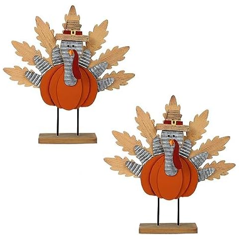 Aoutrow 2 Pack Thanksgiving Wooden Turkey Decoration, 11.3" Indoor Standing Turkey Pumpkin Decor for Home Office Bedroom Kitchen Thanksgiving Harvest Day Cover