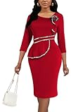 Red Long Sleeve Wear to Work Dress for Women Bodycon V Neck Church Midi Pencil Dresses Knee Length Elegant Solid Wedding Guest Party Outfits,Medium