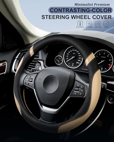 Image of Steering Wheel Cover for Car Leather Universal Steering Wheel Covers for Men Women Fit Cars SUV Truck Pickup 15inch (Beige)
