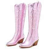ZXHYZLZ Pink Cowboy Boots For Women -Wide Calf Knee High Cowgirl Boots Botas Vaqueras Para Mujer Slip On Pointed Toe Thick Heel western Tall Boots Great For Country Concerts and Parties Size 9
