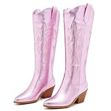 ZXHYZLZ Women's White Cowboy Boots Knee High Seam Mid Heel Block Heel Almond Pointed Toe Fashion Classic Cowgirl Boots Slip-On Size7