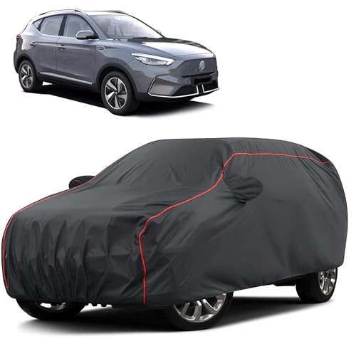 Image of Sulfar 100% Water Resistant Car Body Cover Compatible with Mirror for MG ZS EV (Triple Stitched, Full Bottom Elastic, Dark Grey Taffeta with Red Piping)