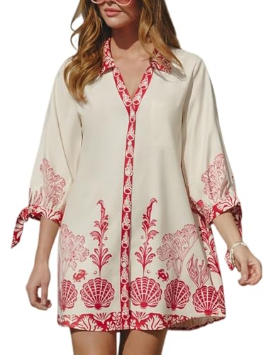 Image of CUPSHE Women Mini Summer Dress Cover Up Oversize Floral Shirt 3 /4 Sleeve Cuff Tie Button Down Beach Dresses Cover Up Top