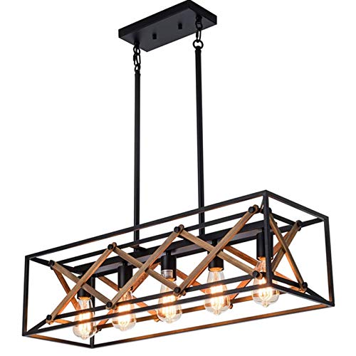Suspension E27 bois et métal noir à 5 lampes réglable pour salle à manger