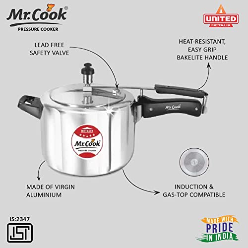 Image of MR COOK By United Metalik Eco Tech Induction Base Aluminium Pressure Cooker with Inner Lid, 5 Litre (Silver)