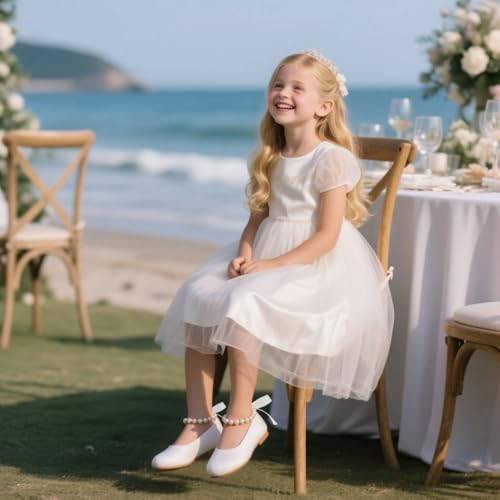 THEE BRON Flower Girl Shoes for Weddings Pearl Ballet Flats with Adjustable Bows & Soft Sole(AF502 Toddler,White/10M) - Thumbnail 2