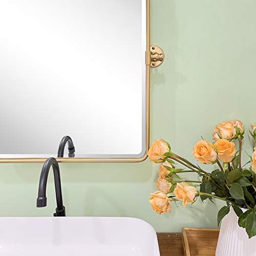Image of TEHOME 20 x 24 inch Farmhouse Gold Metal Framed Pivot Rectangle Bathroom Mirror Rounded Rectangluar Tilting Beveled Vanity Mirrors for Wall