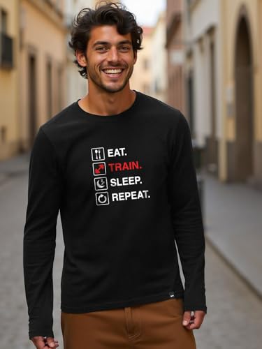 Image of Bewakoof Men Typography Regular Fit Full Sleeve Round Neck Pure Cotton T-Shirt