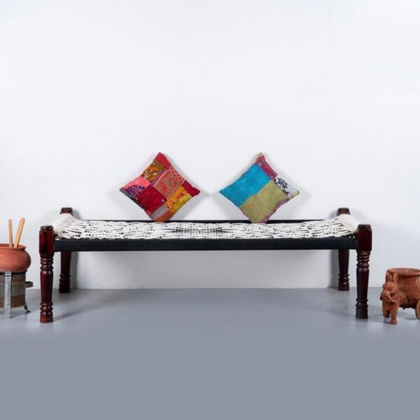Rajasthani Wooden Khatiya Khaat | Traditional Handcrafted Wooden Charpai Bed | 6x3 Feet | Solid Wood Frame with Durable Cotton Ropes for Home, Garden, or Outdoor Use (Black and White)