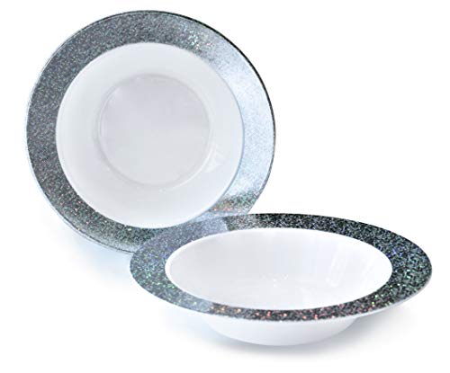 " OCCASIONS " 40 Piece Plates Pack, Heavyweight Disposable Wedding Party Plastic Bowls (14oz Soup Bowl, Hollywood White & Silver)