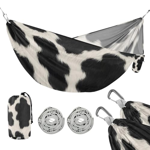 ATTX Black and White Cow Camping Hammock - Lightweight & Portable Hammocks, Heavy Duty 330lbs Capacity for Indoor, Hiking, Backpacking, Travel, Backyard, Beach#153