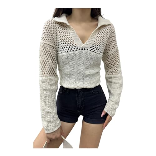 Women's V Neck Long Sleeve Crochet Knit Sweater