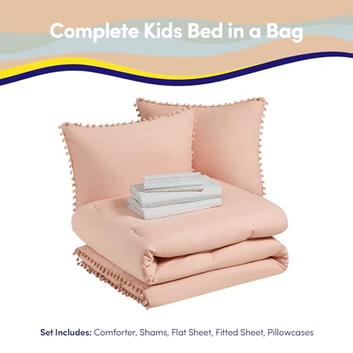 Image of Kids Comforter Set Full Size - Bed in a Bag with Sheets, Pillowcases & Shams - Soft Stylish Pom Pom Bedding - All Season Girls Bed Set