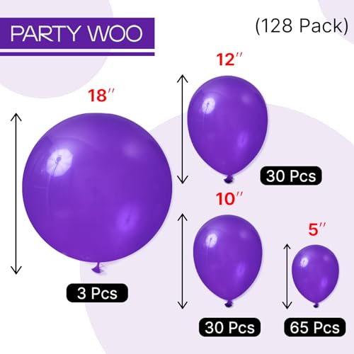 Image of PartyWoo Dark Purple Balloons 128pcs Different Sizes of 18 12 10 5 Inch Royal Purple Balloon Arch Kit Garland for Birthday Baby Shower Graduation Anniversary Bachelorette Party Decorations Purple-Y16