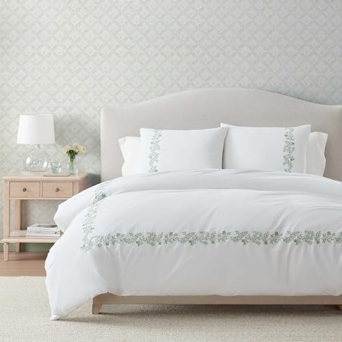 Image of Martha Stewart - Twin Comforter Set, Soft Cotton Front with a Smooth Cotton Percale Reverse, 2 Piece Bed Set with Matching Pillowcase (Garden Path Embroidery Green)