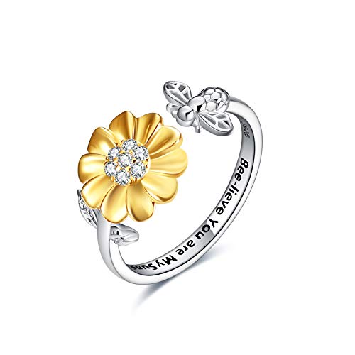 Bee-live You Are My Sunshine Sterling Silver Sunflower Rings with Bee Open Adjustable Ring for Women