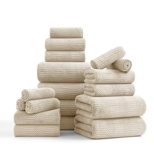 18 Pcs Camel Woven Family Towels Set-6 Bath Sheets,6 Hand Towels,6 Washcloths Soft Polyester Towels Absorbent Shower Towel Quick Dry Beach Chair Towel Lint Less Towels Set for Bathroom Spa Gym Hotel