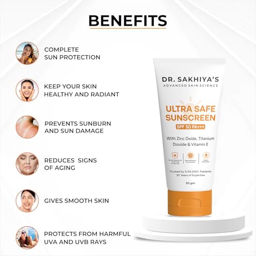 Image of DR. SAKHIYA'S Sunscreen For Broad Spectrum, UVA UVB & Blue Light Sun Tan Protection Non-Sticky, Non Greasy, Waterproof, No White Cast - 50gm (Ultra Safe Sunscreen SPF 50 PA+++)