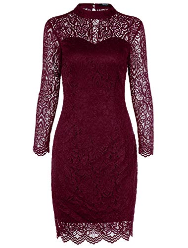 Noctflos Burgundy Vintage Long Sleeve Lace Midi Cocktail Pencil Dresses for Women Winter Christmas Wedding Guest Party (Medium, Wine Red)