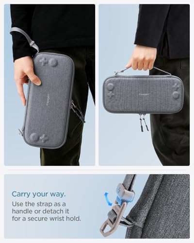 Image of Spigen Klasden Pouch Version 2 for Switch 2 (2025) Case with 12 Game Cartridges, Rear Grip and G Hook Hard Shell Travel Pouch - Charcoal Gray