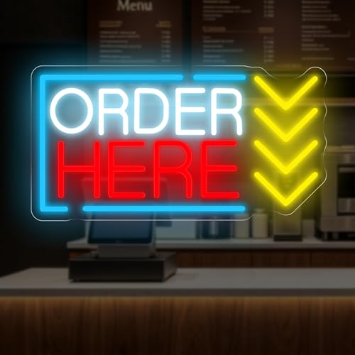 Image of Order Here Neon Sign Coffee Restaurant Ordering Area LED Light | Shop Opening Gift USB Powered Dimmable Oder Sign Cafe Bar Decor Business Wall Decoration 16.5 inchx8.7 inch