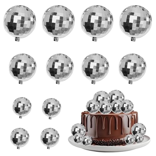 12 Pcs Glitter Disco Ball Cake Toppers, DIY Ball Shape Cake Decor, 70s 80s Disco Theme Party Supplies, Birthday Valentine's Day Wedding Anniversary Party Decoration (Silver)