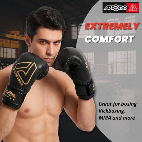 Image of APRODO Beginner Boxing Gloves for Kids & Adults - Men & Women Training, Sparring & Heavy Bag Gloves - Durable PU Leather with Wrist Support (Black /Gold, 6 OZ)