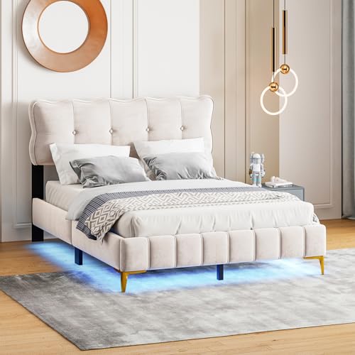 Moimhear Letto imbottito 140 x 200 cm, letto matrimoniale con luci a LED, letto per ragazzi con schienale con rete a doghe in velluto, piedini in metallo alti (beige, 140 x 200 cm)