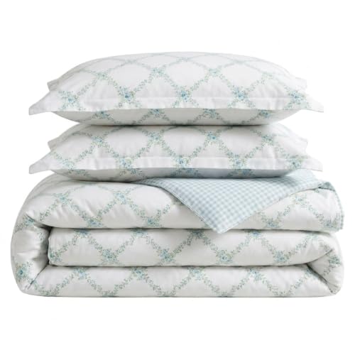 Image of Martha Stewart - Twin /Twin XL Comforter Set, 100% Cotton Bedding with Shams, Soft and Breathable, Lightweight All-Season Comforter, Reversible Design, Romantic Trellis Blue