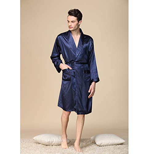 Men's Summer Luxurious Kimono Soft Satin Robe Long-Sleeve Nightgown Printed Pajamas Bathrobes Navy, Large/X-Large4