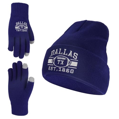 Classic Beanie Hat for Football Fans Embroidered Skull Cap Vintage Cuffed Knit Hat with Warm Winter Gloves Gifts for Men Women Navy blue
