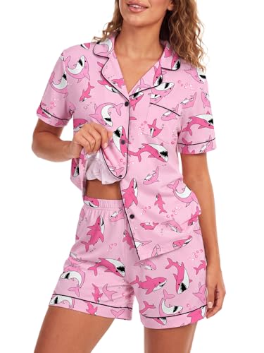 LYANER Women's Heart Print Pajamas Sets Cartoon Pink Large
