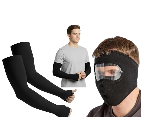 YATIKA Premium UV Protection Cooling Arm Sleeves with Thumb Hole & Winter Windproof Balaclava Face Mask with Removable Goggles for Cycling, Biking, and Outdoor Sports (Combo Pack) (Free Size)-image-0