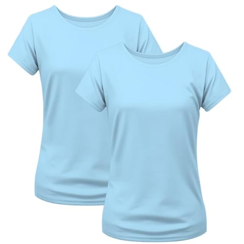 Pack de 2 camisetas para mujer, monocolor, ajustadas, cuello redondo, realzan la figura, extrasuaves, 100% algodón, azul claro, S