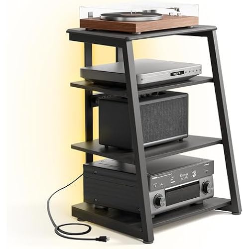 FITUEYES Design Stereo Cabinet 4-Tier Media Cabinet with LED Backlight Integrated Power Wooden Media Stand with Adjustable Shelves for Turntables Record Player Stereo Receiver CD Players AMP