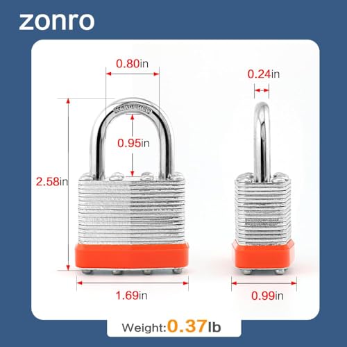 Image of Laminated Steel Keyed Padlocks, 10 Pack, Keyed Alike, Normal Shackle, 1-9 /16 inch (40mm),Orange Hoop, for Hasp Latch, Sheds, Fences, Storage Locker, Gym